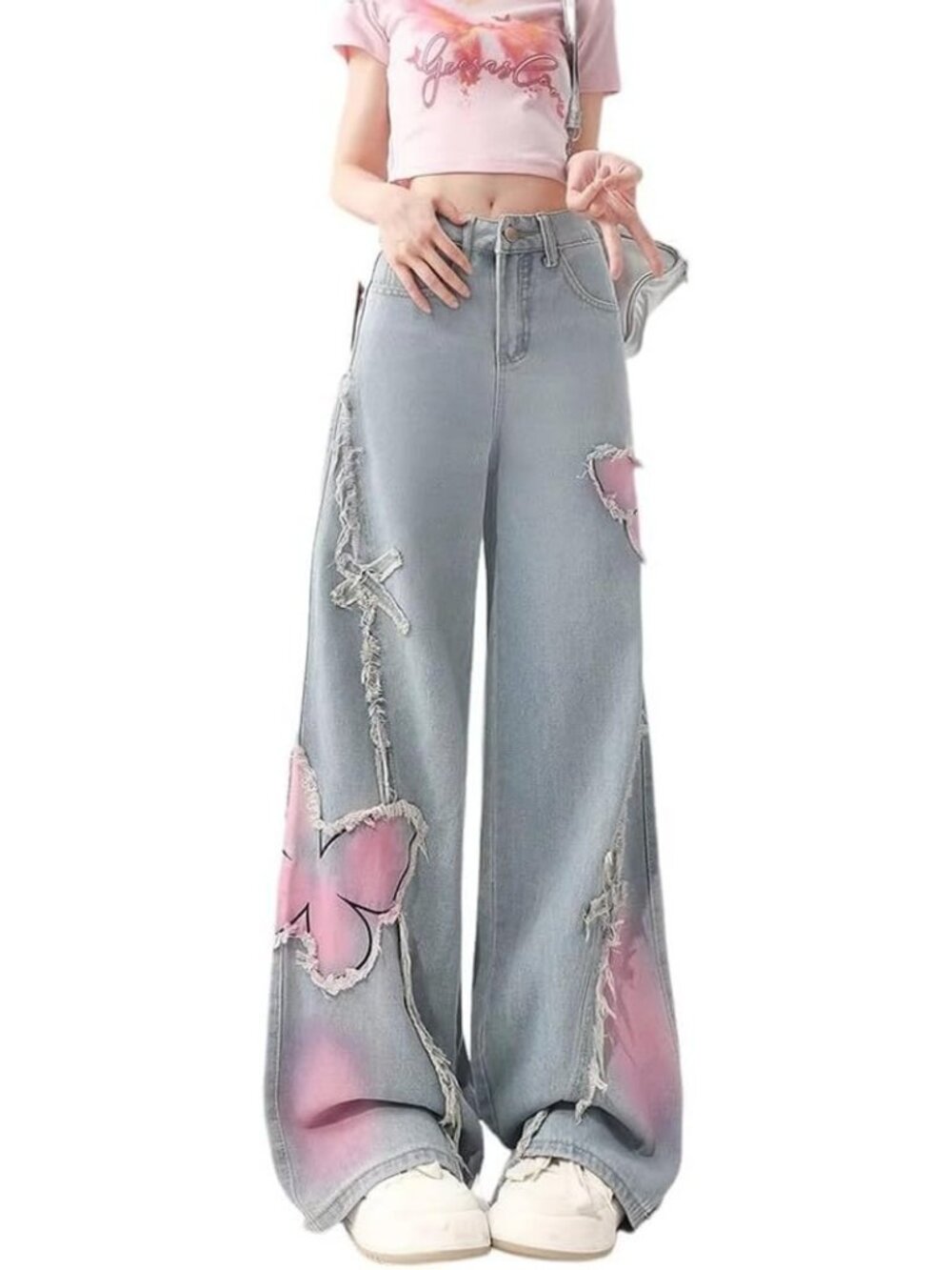 Women's Blue Denim Butterfly Print Y2k Wide Leg High Rise Waisted Baggy Jeans